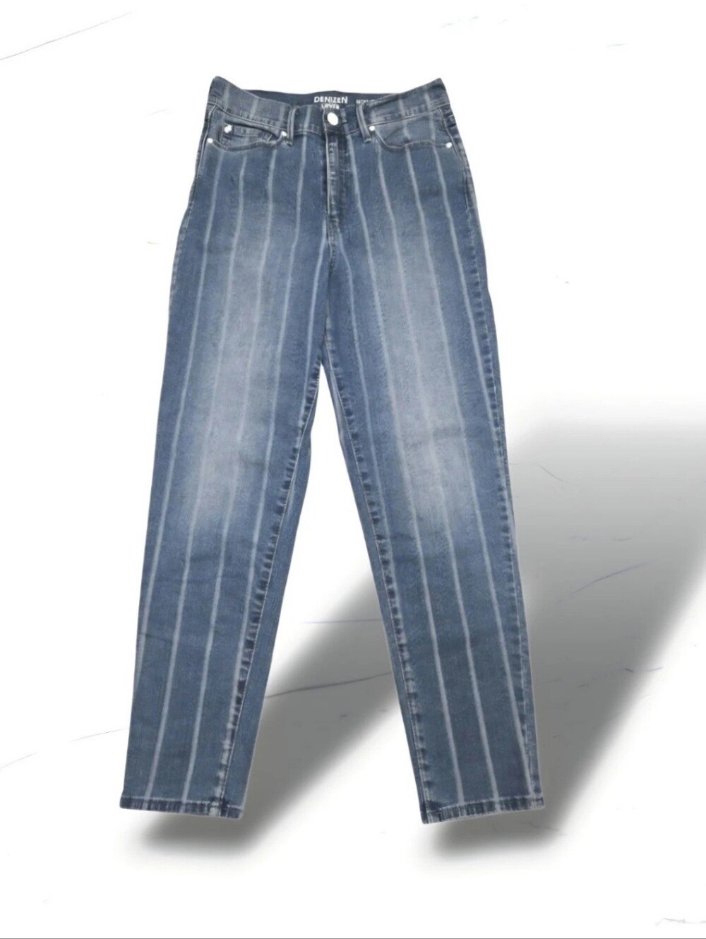 Denizen by LEVI'S Mom Jean's High Rise Tapered Striped Blue Stretch Juniors 5-27